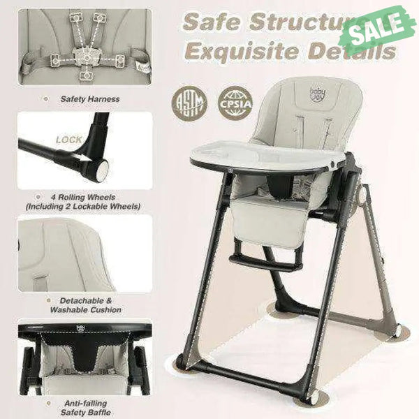 4-in-1 Baby High Chair with 6 Adjustable Heights-Beige Gray High Chairs