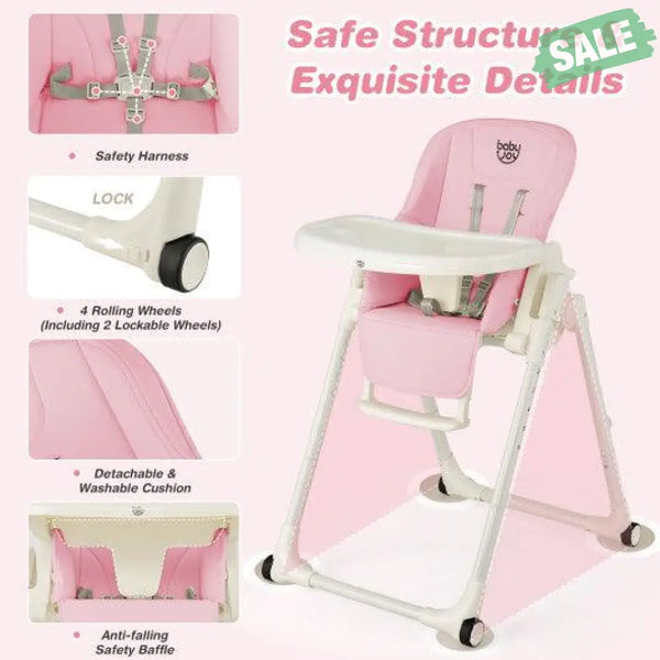 4-in-1 Baby High Chair with 6 Adjustable Heights-Pink