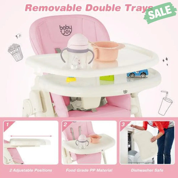 4-in-1 Baby High Chair with 6 Adjustable Heights-Pink