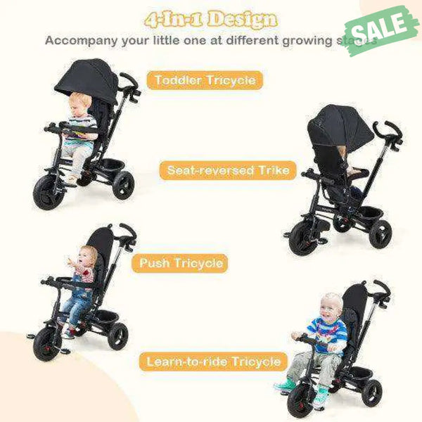 4-in-1 Baby Tricycle Toddler Trike with Reversible Seat and 5-Point Safety Harness-Black