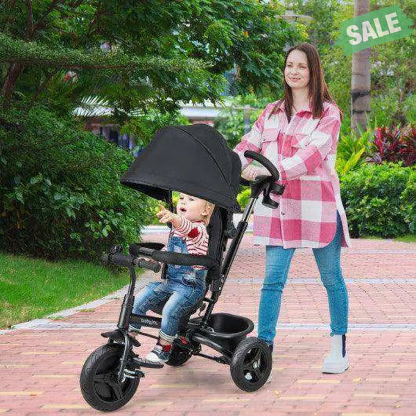 4-in-1 Baby Tricycle Toddler Trike with Reversible Seat and 5-Point Safety Harness-Black