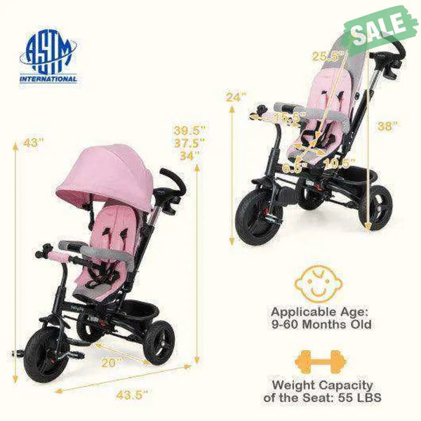 4-in-1 Baby Tricycle Toddler Trike with Reversible Seat and 5-Point Safety Harness-Pink Pink Baby Strollers