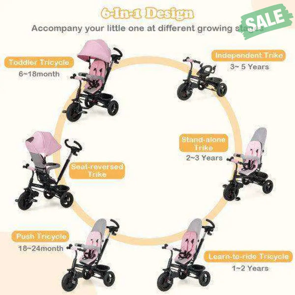 4-in-1 Baby Tricycle Toddler Trike with Reversible Seat and 5-Point Safety Harness-Pink Pink Baby Strollers