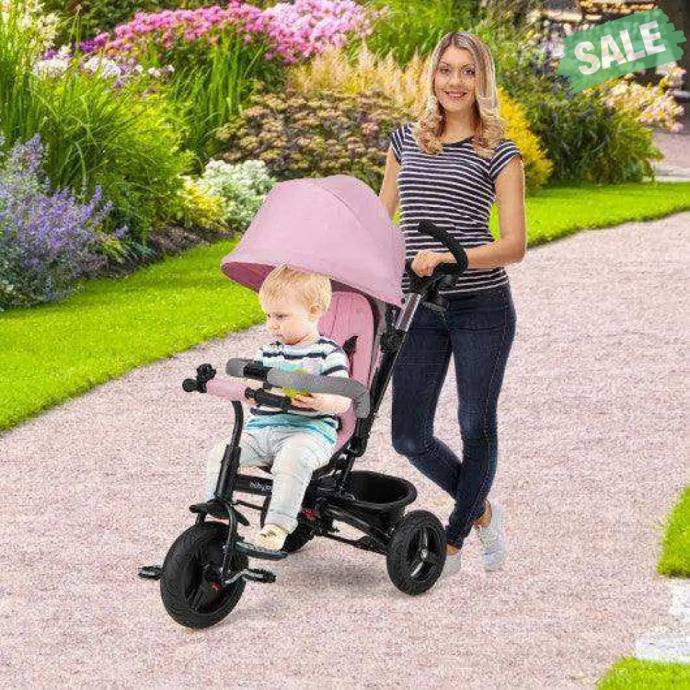 4-in-1 Baby Tricycle Toddler Trike with Reversible Seat and 5-Point Safety Harness-Pink Pink Baby Strollers