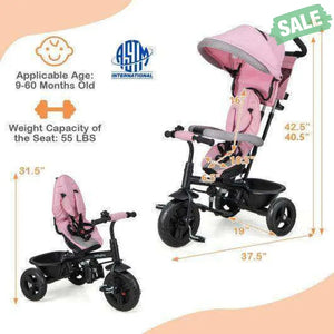 4-in-1 Baby Trike Kids Tricycle with Removable Canopy and Adjustable Push Handle-Pink Pink Baby Strollers