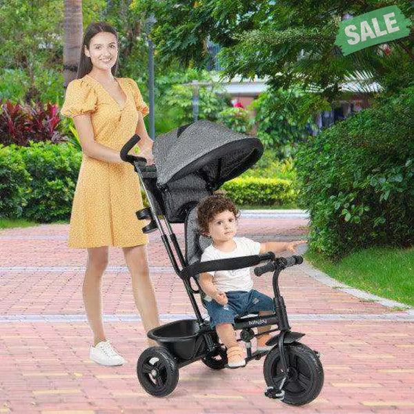 4-in-1 Baby Trike Kids Tricycle with Removable Canopy and Adjustable Push Handle-Pink Pink Baby Strollers