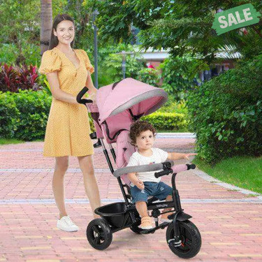 4-in-1 Baby Trike Kids Tricycle with Removable Canopy and Adjustable Push Handle-Pink Pink Baby Strollers