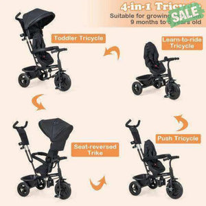 4-in-1 Baby Trike Kids Tricycle with Removable Canopy and Adjustable Push Handle-Pink Pink Baby Strollers