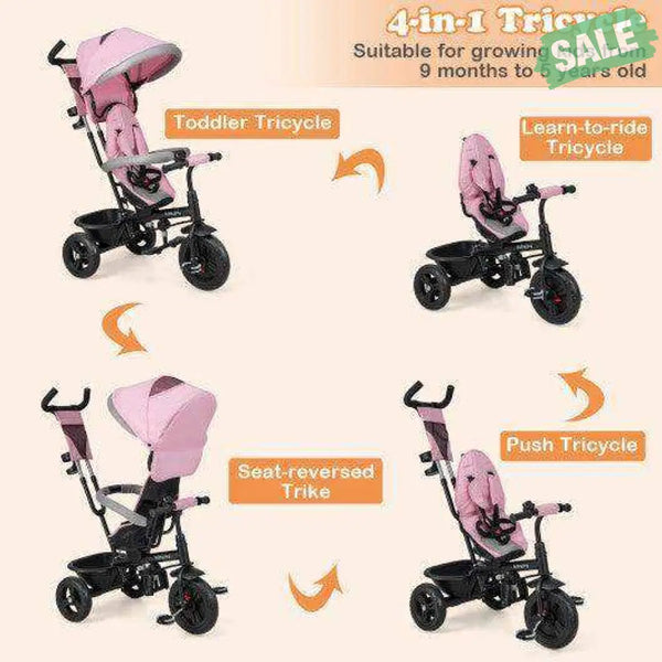 4-in-1 Baby Trike Kids Tricycle with Removable Canopy and Adjustable Push Handle-Pink Pink Baby Strollers