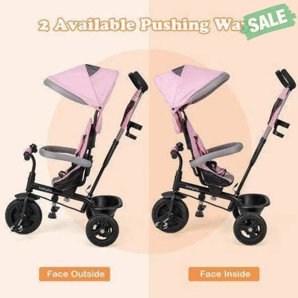 4-in-1 Baby Trike Kids Tricycle with Removable Canopy and Adjustable Push Handle-Pink Pink Baby Strollers