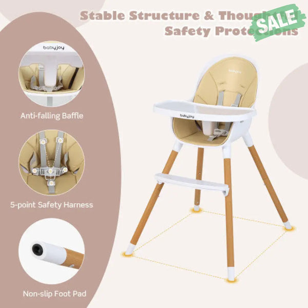 4-in-1 Convertible Baby High Chair Infant Feeding Chair with Adjustable Tray-Gray Beige High Chairs