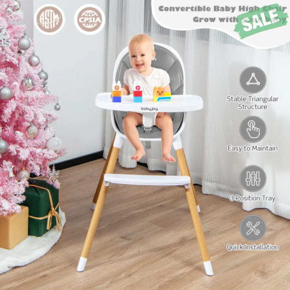 4-in-1 Convertible Baby High Chair Infant Feeding Chair with Adjustable Tray-Gray High Chairs