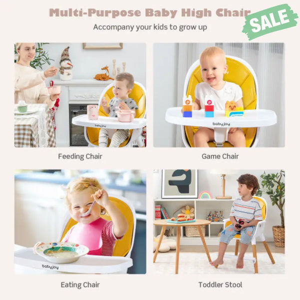 4-in-1 Convertible Baby High Chair Infant Feeding Chair with Adjustable Tray-Gray Yellow High Chairs