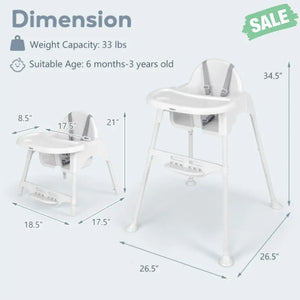 4 in 1 Convertible Kids Dining High Chair with Adjustable Removable Tray and Footrest-White White High Chairs