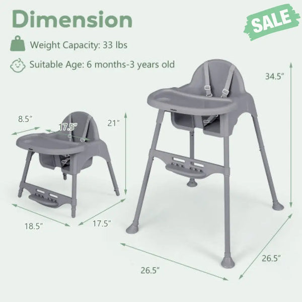 4 in 1 Convertible Kids Dining High Chair with Adjustable Removable Tray and Footrest-White Gray High Chairs
