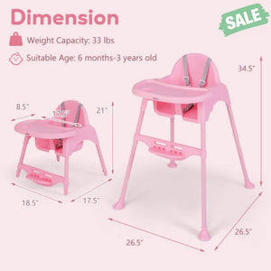 4 in 1 Convertible Kids Dining High Chair with Adjustable Removable Tray and Footrest-White Pink High Chairs