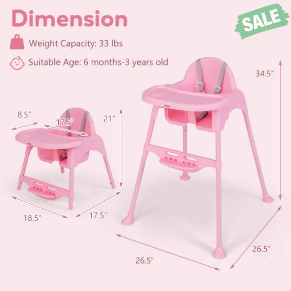 4 in 1 Convertible Kids Dining High Chair with Adjustable Removable Tray and Footrest-White Pink High Chairs