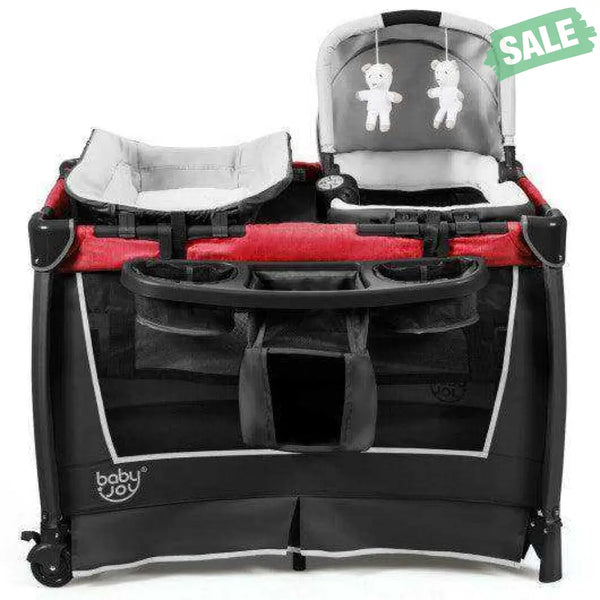 4-in-1 Convertible Portable Baby Play yard with Toys and Music Player-Red Red Baby Playpen & Playards