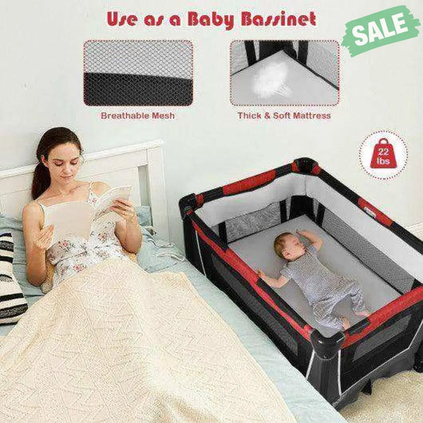 4-in-1 Convertible Portable Baby Play yard with Toys and Music Player-Red Red Baby Playpen & Playards