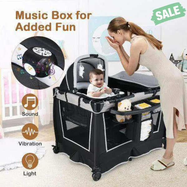 4-in-1 Convertible Portable Baby Play yard with Toys and Music Player-Red Red Baby Playpen & Playards