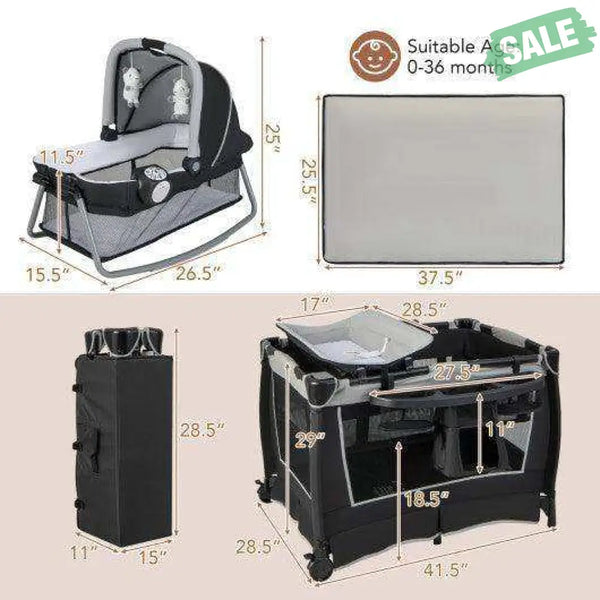 4-in-1 Convertible Portable Baby Play yard with Toys and Music Player-Red Red Baby Playpen & Playards