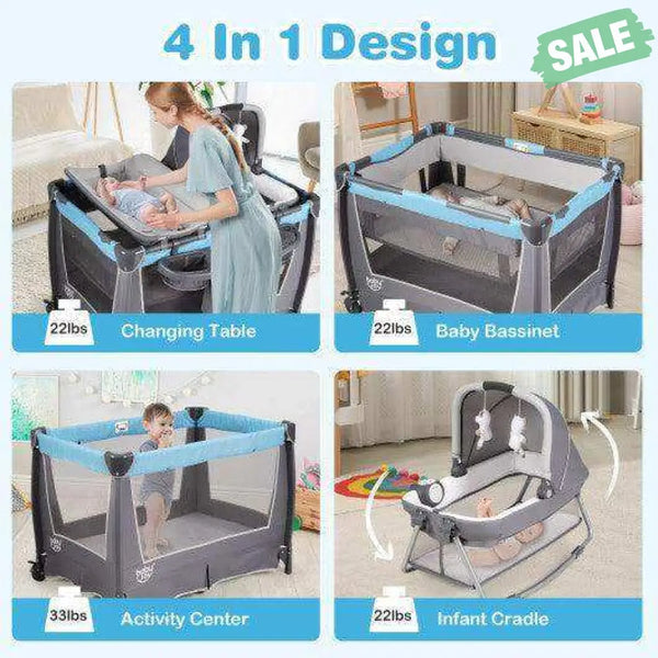 4-in-1 Convertible Portable Baby Play yard with Toys and Music Player-Red Red Baby Playpen & Playards