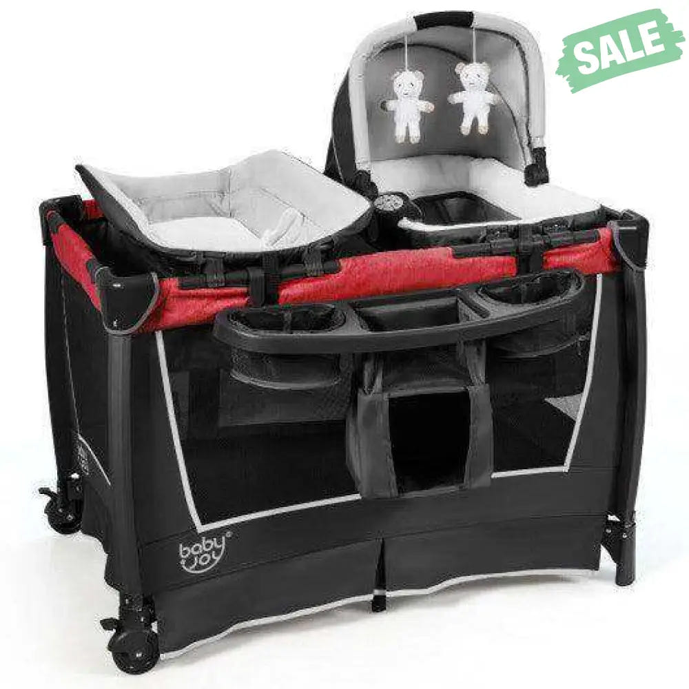 4-in-1 Convertible Portable Baby Play yard with Toys and Music Player-Red Red Baby Playpen & Playards