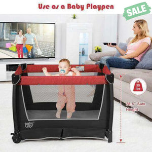 4-in-1 Convertible Portable Baby Play yard with Toys and Music Player-Red Red Baby Playpen & Playards