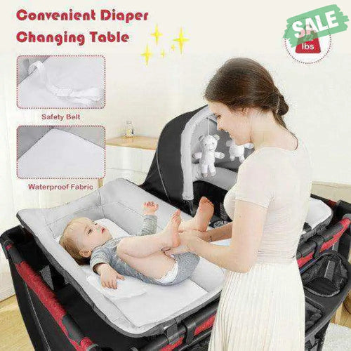 4-in-1 Convertible Portable Baby Play yard with Toys and Music Player-Red Red Baby Playpen & Playards