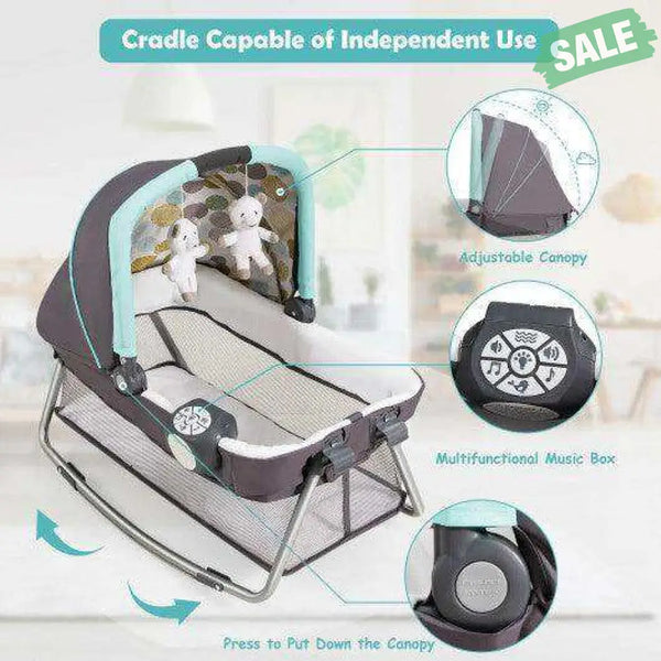 4-in-1 Convertible Portable Baby Playard Newborn Napper with Music and Toys-Blue Blue Baby Playpen & Playards