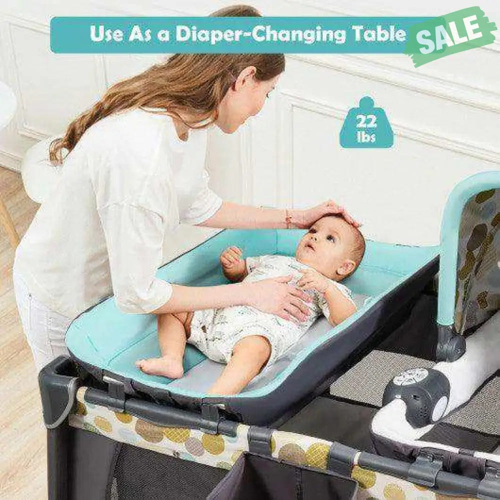4-in-1 Convertible Portable Baby Playard Newborn Napper with Music and Toys-Blue Blue Baby Playpen & Playards