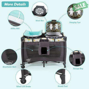 4-in-1 Convertible Portable Baby Playard Newborn Napper with Music and Toys-Blue Blue Baby Playpen & Playards