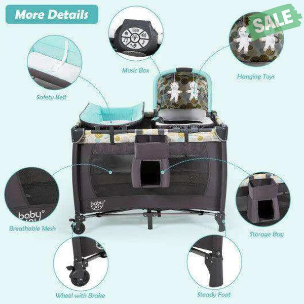 4-in-1 Convertible Portable Baby Playard Newborn Napper with Music and Toys-Blue Blue Baby Playpen & Playards