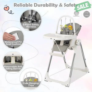 4-in-1 Foldable Baby High Chair with 7 Adjustable Heights and Free Toys Bar-Black High Chairs