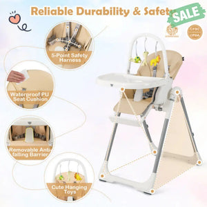 4-in-1 Foldable Baby High Chair with 7 Adjustable Heights and Free Toys Bar-Black High Chairs