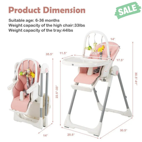 4-in-1 Foldable Baby High Chair with 7 Adjustable Heights and Free Toys Bar-Black High Chairs
