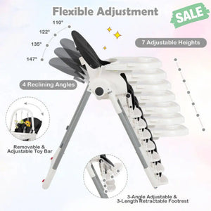 4-in-1 Foldable Baby High Chair with 7 Adjustable Heights and Free Toys Bar-Black Black High Chairs