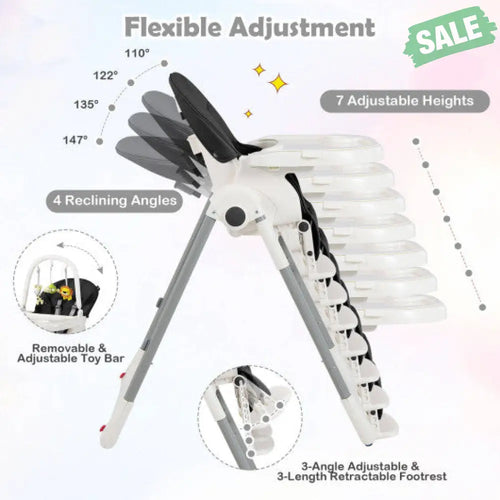 4-in-1 Foldable Baby High Chair with 7 Adjustable Heights and Free Toys Bar-Black Black High Chairs