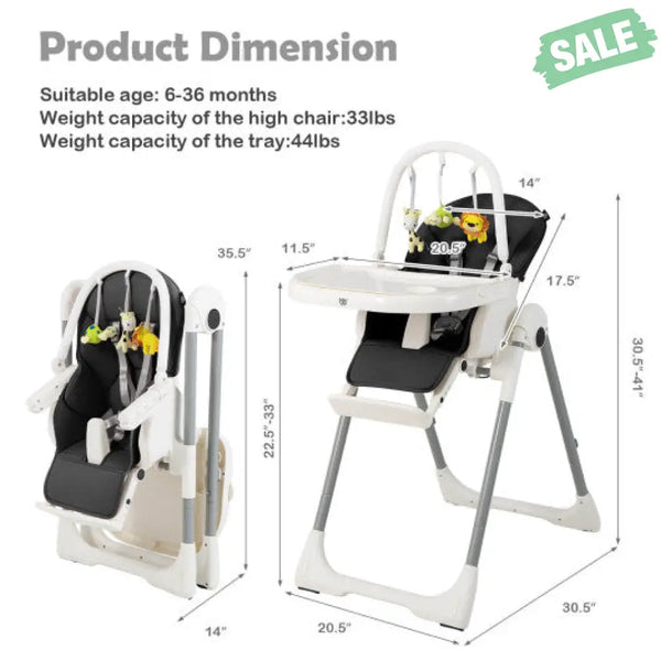 4-in-1 Foldable Baby High Chair with 7 Adjustable Heights and Free Toys Bar-Black High Chairs