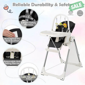 4-in-1 Foldable Baby High Chair with 7 Adjustable Heights and Free Toys Bar-Black High Chairs