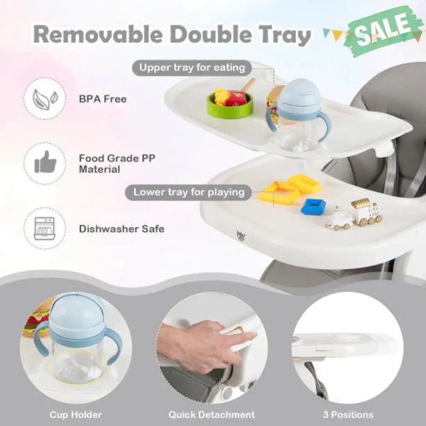 4-in-1 Foldable Baby High Chair with 7 Adjustable Heights and Free Toys Bar-Black Gray High Chairs