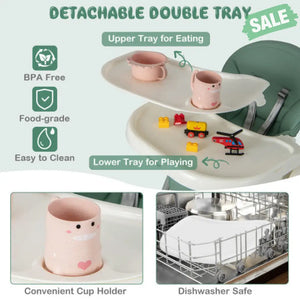 4-in-1 Foldable Baby High Chair with 7 Adjustable Heights and Free Toys Bar-Black Green High Chairs