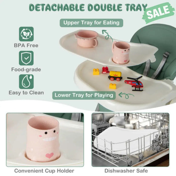 4-in-1 Foldable Baby High Chair with 7 Adjustable Heights and Free Toys Bar-Black Green High Chairs