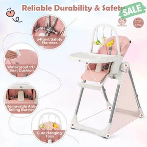 4-in-1 Foldable Baby High Chair with 7 Adjustable Heights and Free Toys Bar-Black Pink High Chairs