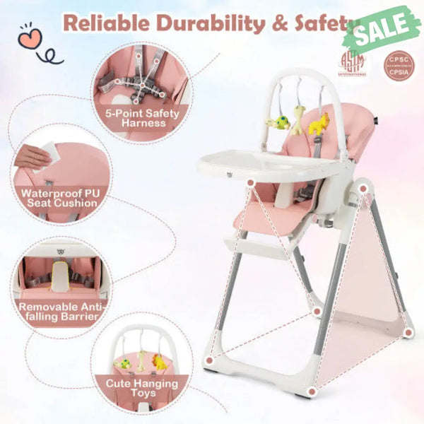 4-in-1 Foldable Baby High Chair with 7 Adjustable Heights and Free Toys Bar-Black Pink High Chairs