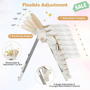 4-in-1 Foldable Baby High Chair with 7 Adjustable Heights and Free Toys Bar-Black Yellow High Chairs