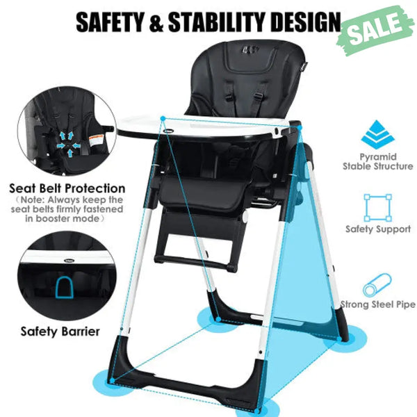 4-in-1 High Chair–Booster Seat with Adjustable Height and Recline-Black High Chairs