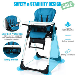 4-in-1 High Chair–Booster Seat with Adjustable Height and Recline-Black Navy High Chairs