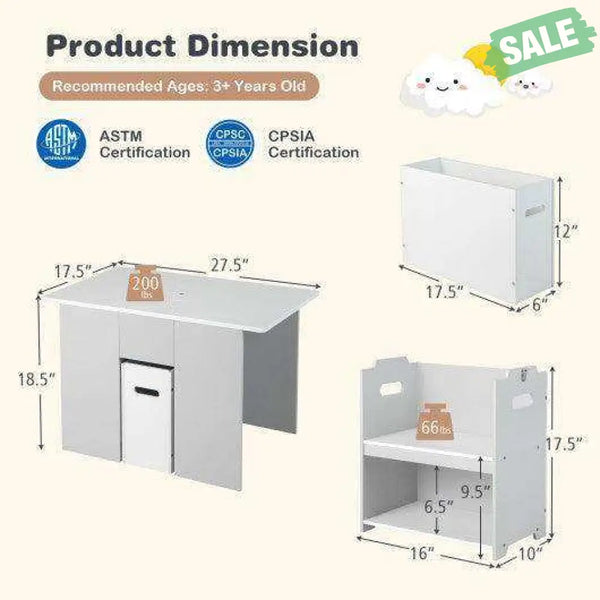 4-in-1 Kids Table and Chairs with Multiple Storage for Learning-Gray Kids Table & Chair Sets