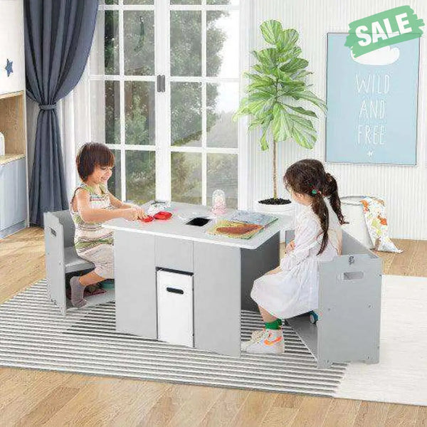 4-in-1 Kids Table and Chairs with Multiple Storage for Learning-Gray Kids Table & Chair Sets